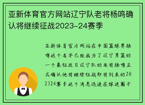 亚新体育官方网站辽宁队老将杨鸣确认将继续征战2023-24赛季